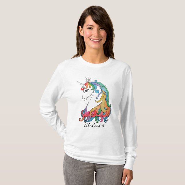 Camiseta Unicornio lindo del arco iris de la acuarela (Anverso completo)