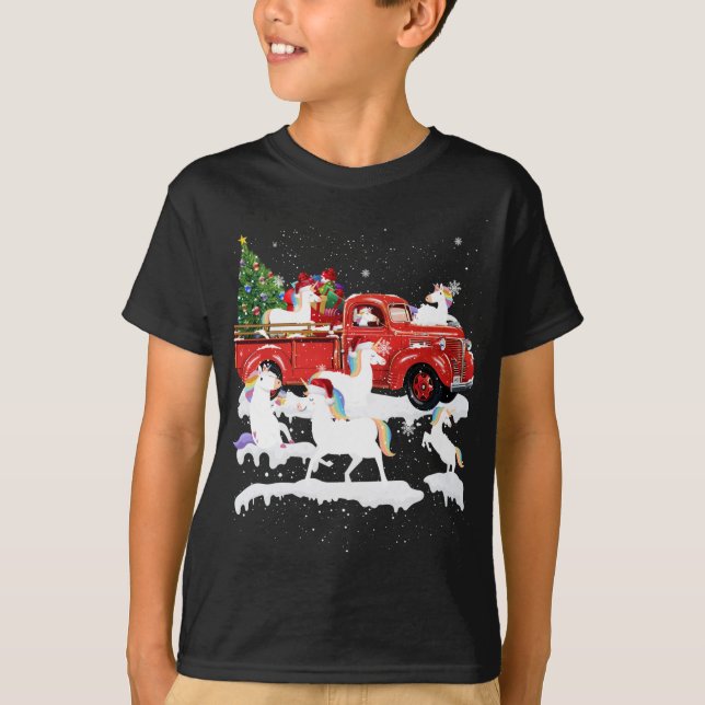 Camiseta Unicornio Montando Camión Rojo Feliz Navidad X-mas (Anverso)