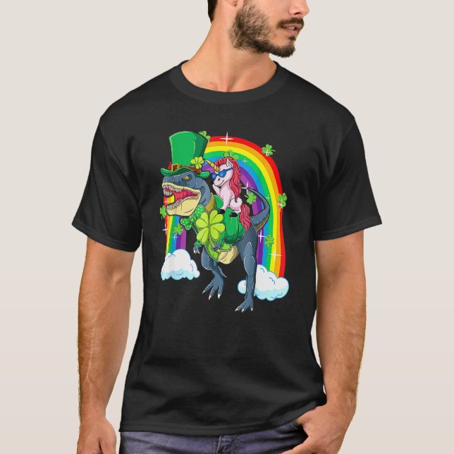Camiseta Unicornio Montando Dinosaurio Leprechaun Rex St Pa (Anverso)