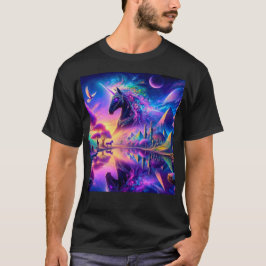 Camiseta Unicornio negro en un mundo fantástico con pirámid