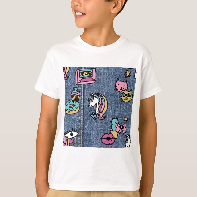 Camiseta unicornio parches denim (Anverso)