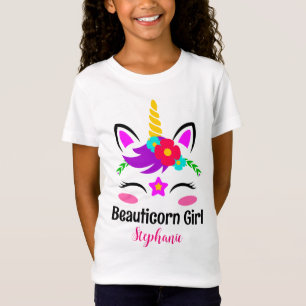 Camiseta Unicornio Rosa Púrpura Lindo Flor Roja