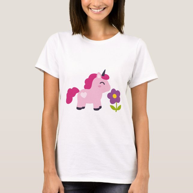 Camiseta Unicornio rosado con flor (Anverso)