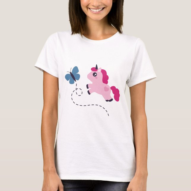 Camiseta Unicornio rosado con mariposa (Anverso)