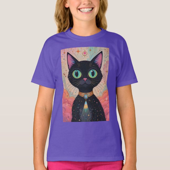 Camiseta Universo de gato negro futurista atómico (Anverso)