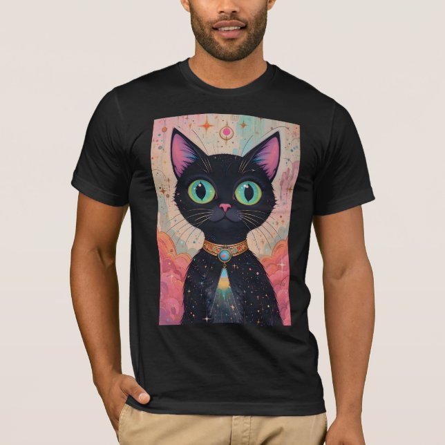 Camiseta Universo de gato negro futurista atómico (Anverso)