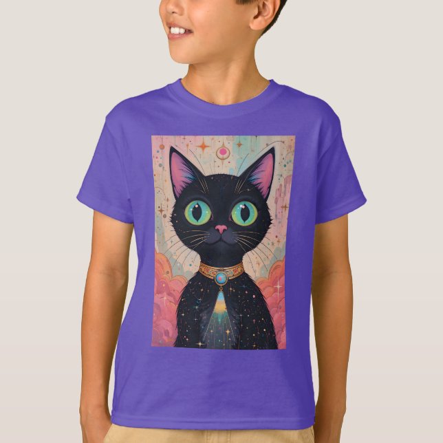 Camiseta Universo de gato negro futurista atómico (Anverso)