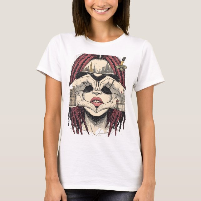 Camiseta Urban Heart Vision: Pink Dreads, City Skyline, and (Anverso)