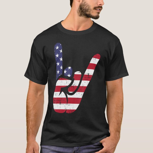 Camiseta US American Flag and Patriotic Rock Sign of Hand (Anverso)