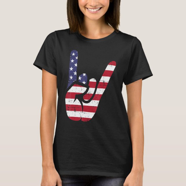 Camiseta US American Flag and Patriotic Rock Sign of Hand (Anverso)