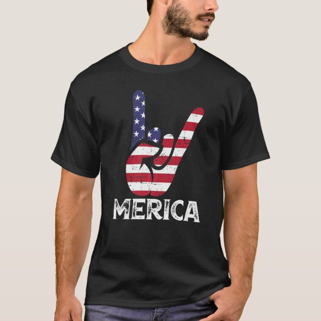 Camiseta US American Flag and Patriotic Rock Sign of Hand M (Anverso)