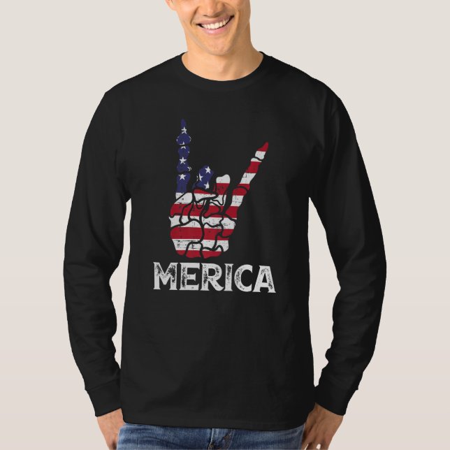 Camiseta US American Flag and Patriotic Skeleton Rock Sign  (Anverso)