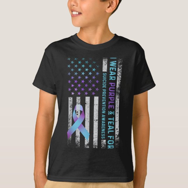 Camiseta Us Flag I Wear Purple And Teal Suicide Prevention  (Anverso)