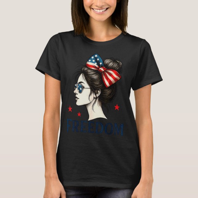 Camiseta Usa Flag Bow Messy Bun Girls Dom American Flag Pat (Anverso)