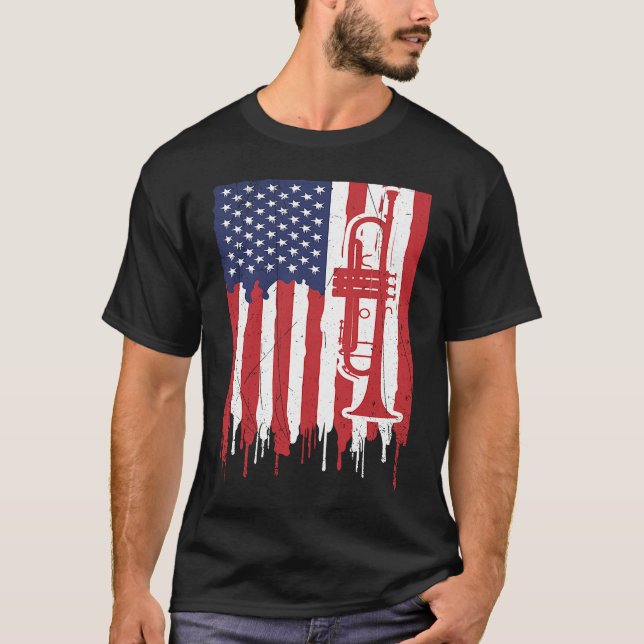Camiseta USA Flag Thin Red Line Smooth Jazz Music Trumpet (Anverso)