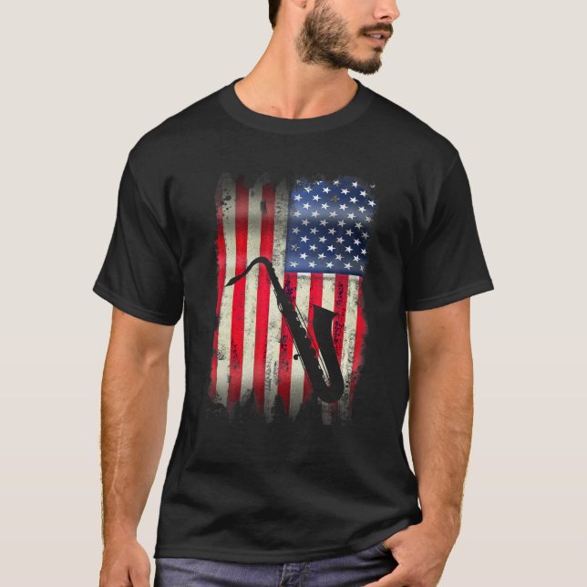 Camiseta USA Saxofón Vintage Bandera Estadounidense Música  (Anverso)