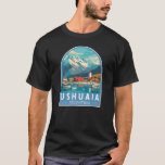 Camiseta Ushuaia Argentina Viaje de arte<br><div class="desc">Diseño de viaje de vector retro de Ushuaia. Es una ciudad turística de Argentina. Se encuentra en el archipiélago de Tierra del Fuego, la punta más meridional de América del Sur, apodado el "Fin del Mundo".</div>