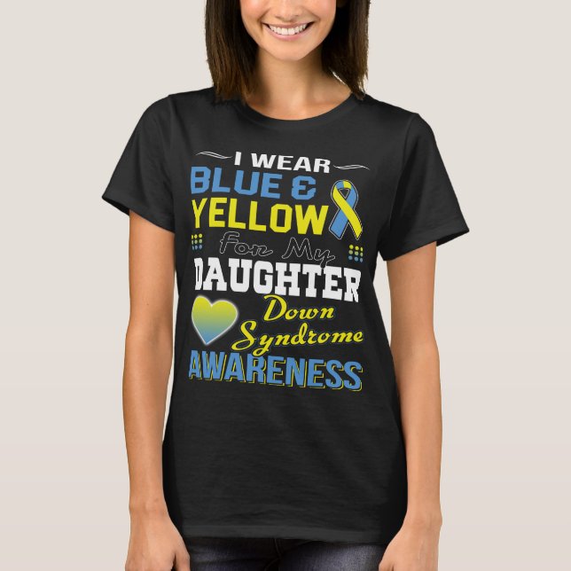Camiseta uso amarillo azul para la hija del síndrome de Dow (Anverso)