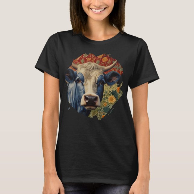 Camiseta Vaca azul retro en el jardín de girasoles (Anverso)