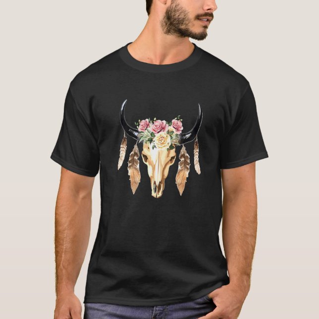 Camiseta Vaca Boho Cráneo Flores Plumas Patrón Lindo (Anverso)