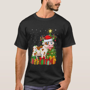 Camiseta Vaca bovina de Navidad árbol de alumbrado Santa Ha