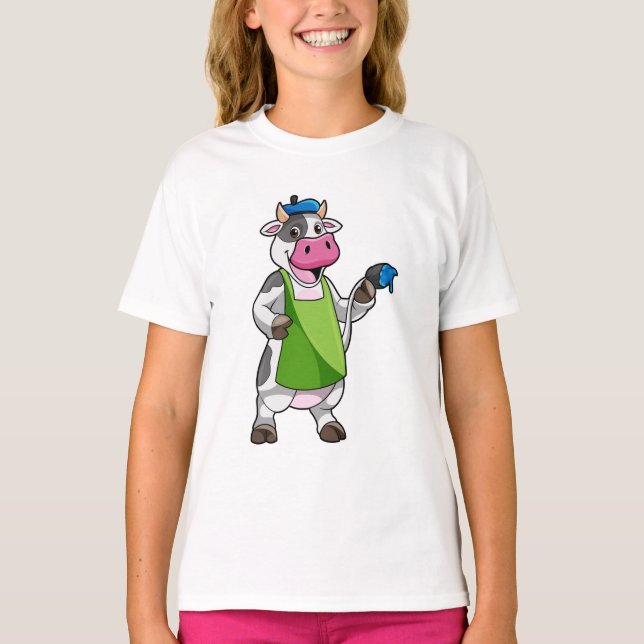 Camiseta Vaca como pintora con pintura y adorno (Anverso)