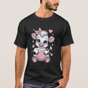 Camiseta Vaca con Corazón que Sostiene Lazo Coqueto Rosa de