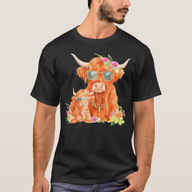 Camiseta Vaca Cuta Mama Highland Con Bebé Calf Boho Floral (Anverso)