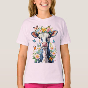 Camiseta Vaca De Bebé Negra Y Blanca Con Flor