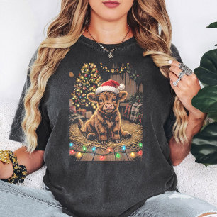 Camiseta Vaca de las Tierras Altas con sombrero de Santa en