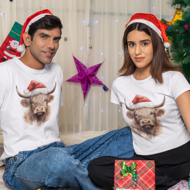Camiseta Vaca de las Tierras Altas de Navidad Acuarela (Subido por el creador)