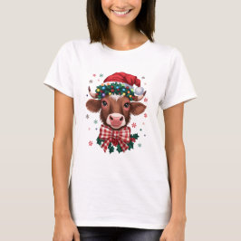 Camiseta Vaca de Navidad con sombrero de Santa y luces fest