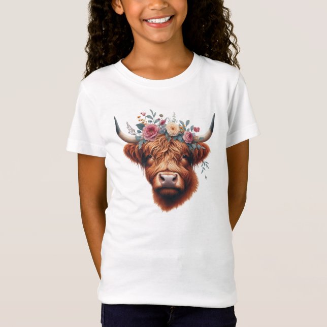 Camiseta Vaca de tierras altas, con flores y primavera (Anverso)