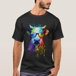 Camiseta Vaca Divertida con Salpicaduras de Pintura y Gafas