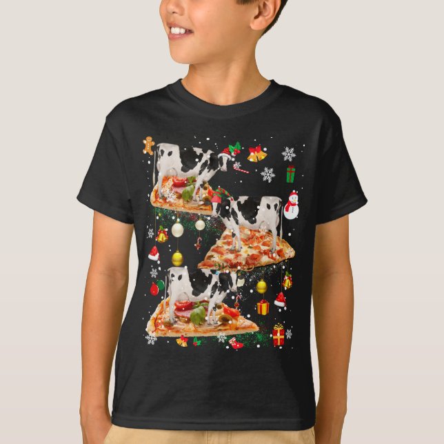 Camiseta Vaca Elf de Santa Reindeer Montando Pizza Xmas Gal (Anverso)