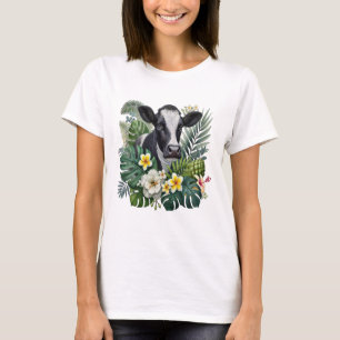 Camiseta Vaca en la selva floral Png, vaca tropical