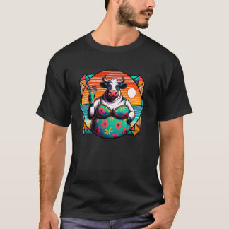Camiseta Vaca en traje de baño floral con bebida tropical y