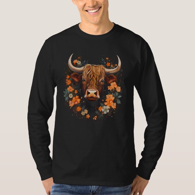 Camiseta Vaca Escocesa De Altiplano Con Flores Ganado Foral (Anverso)