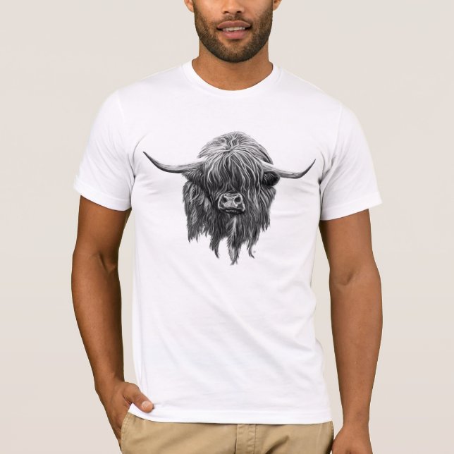 Camiseta Vaca escocesa de la montaña en blanco y negro (Anverso)