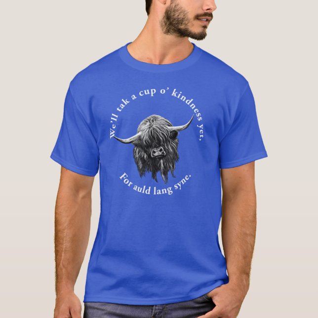 Camiseta Vaca escocesa de la montaña. Lang viejo Syne. (Anverso)