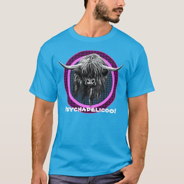 Camiseta Vaca escocesa de la montaña. ¡Psychadelicoo! (Anverso)