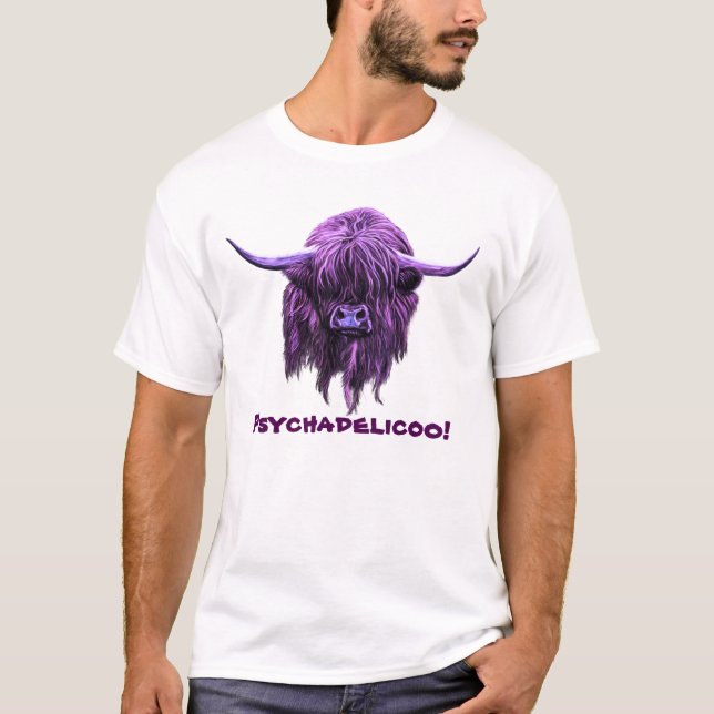 Camiseta Vaca escocesa de la montaña. ¡Psychadelicoo! (Anverso)