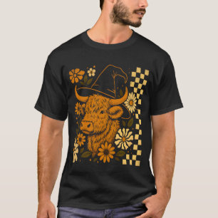 Camiseta Vaca Esponjosa Lindo Halloween Flor Cuadros Retro