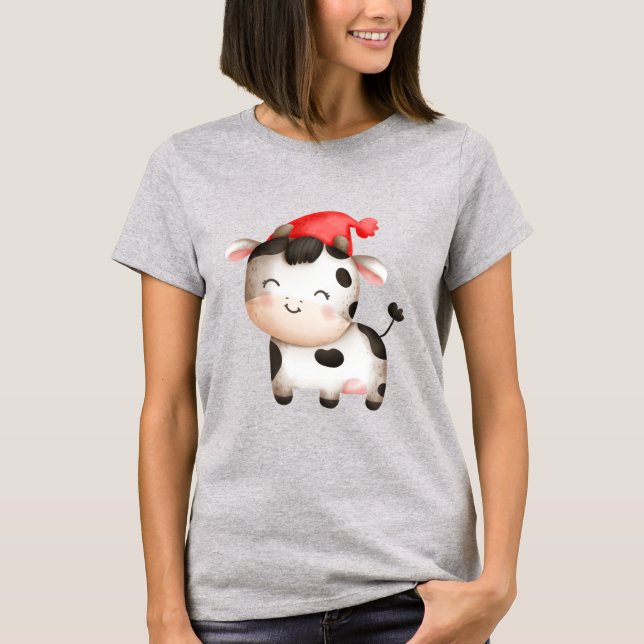 Camiseta Vaca feliz en un Gorra rojo lindo (Anverso)
