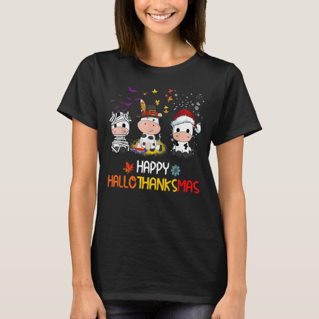 Camiseta Vaca feliz Hallothanksmas Cow Agricultor Cae Autu (Anverso)