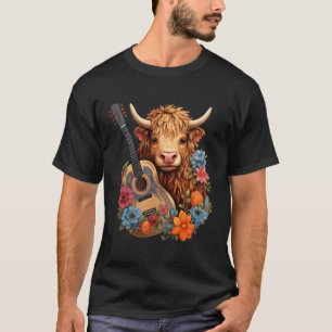 Camiseta Vaca Highland De Cottagecore Con Guitarra Acústica