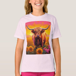 Camiseta Vaca Highland en girasoles al amanecer