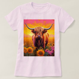 Camiseta Vaca Highland en girasoles al amanecer
