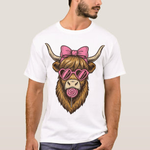 Camiseta Vaca Highland Linda con Gafas de Corazón Rosado Ve