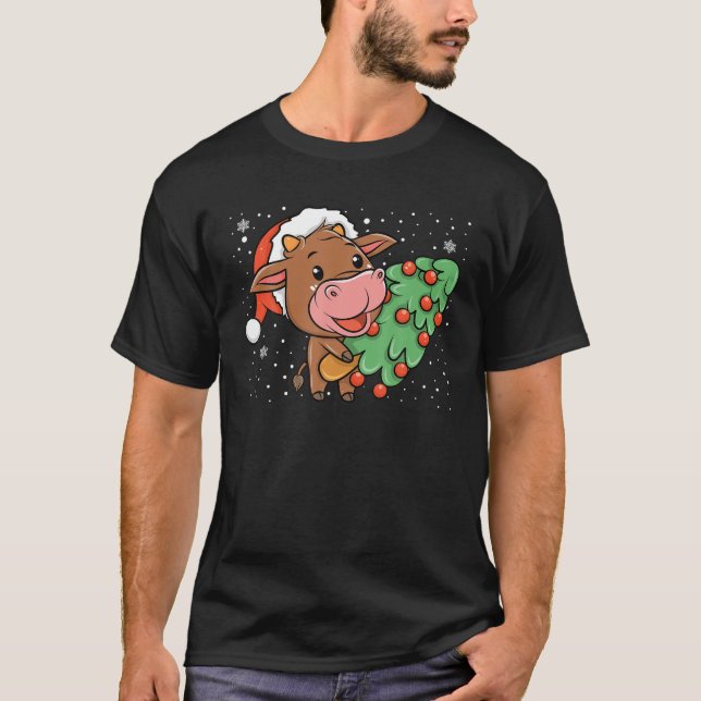 Camiseta Vaca Kawaii con granjeros de Navidad Pajama (Anverso)